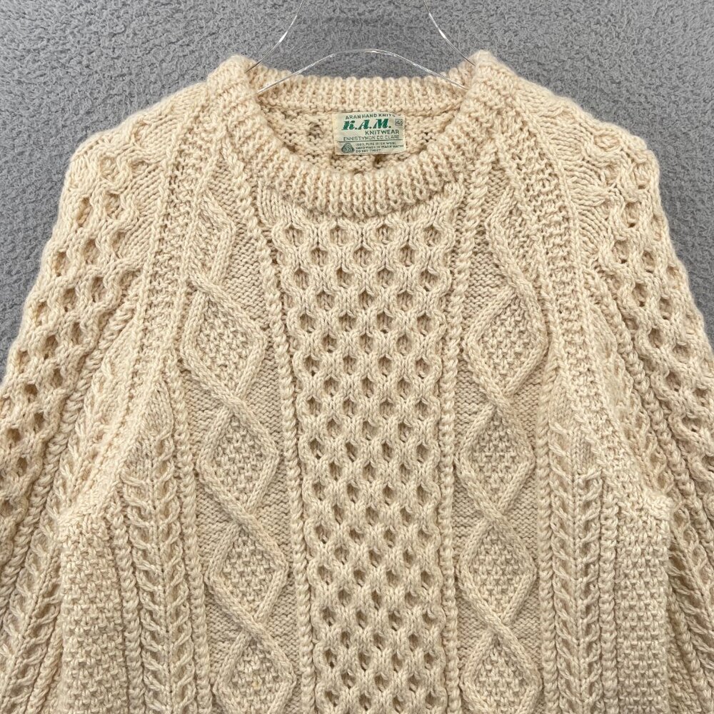 Vintage Mens Irish Fisherman Sweater KAM Knitwear Aran Hand Knits Wool 42 Medium - Picture 6 of 14